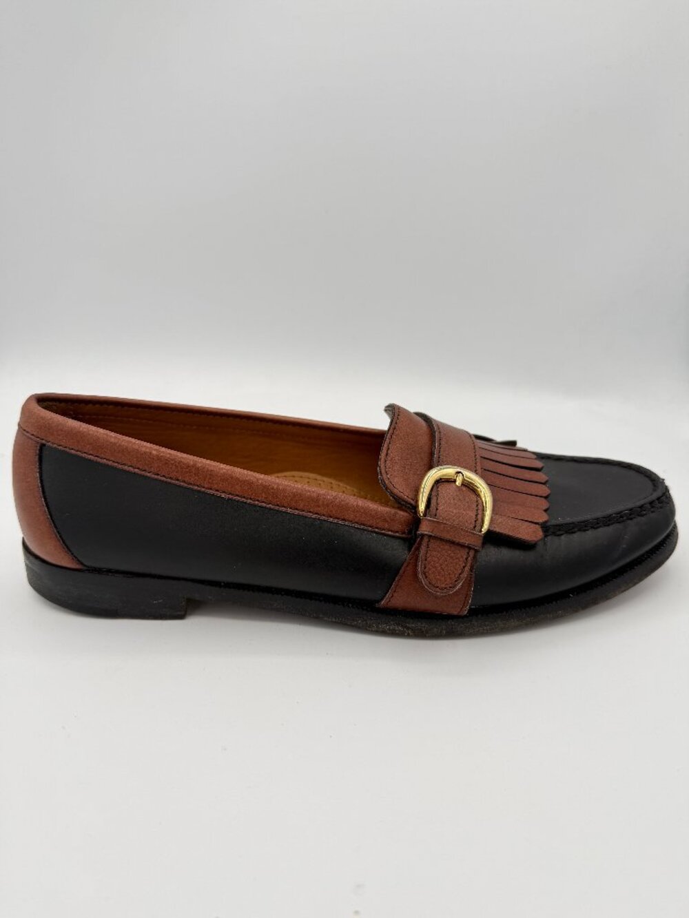 Vintage Cole Haan Men's Black Brown Loafers Leather Kiltie Buckle Academia 8.5